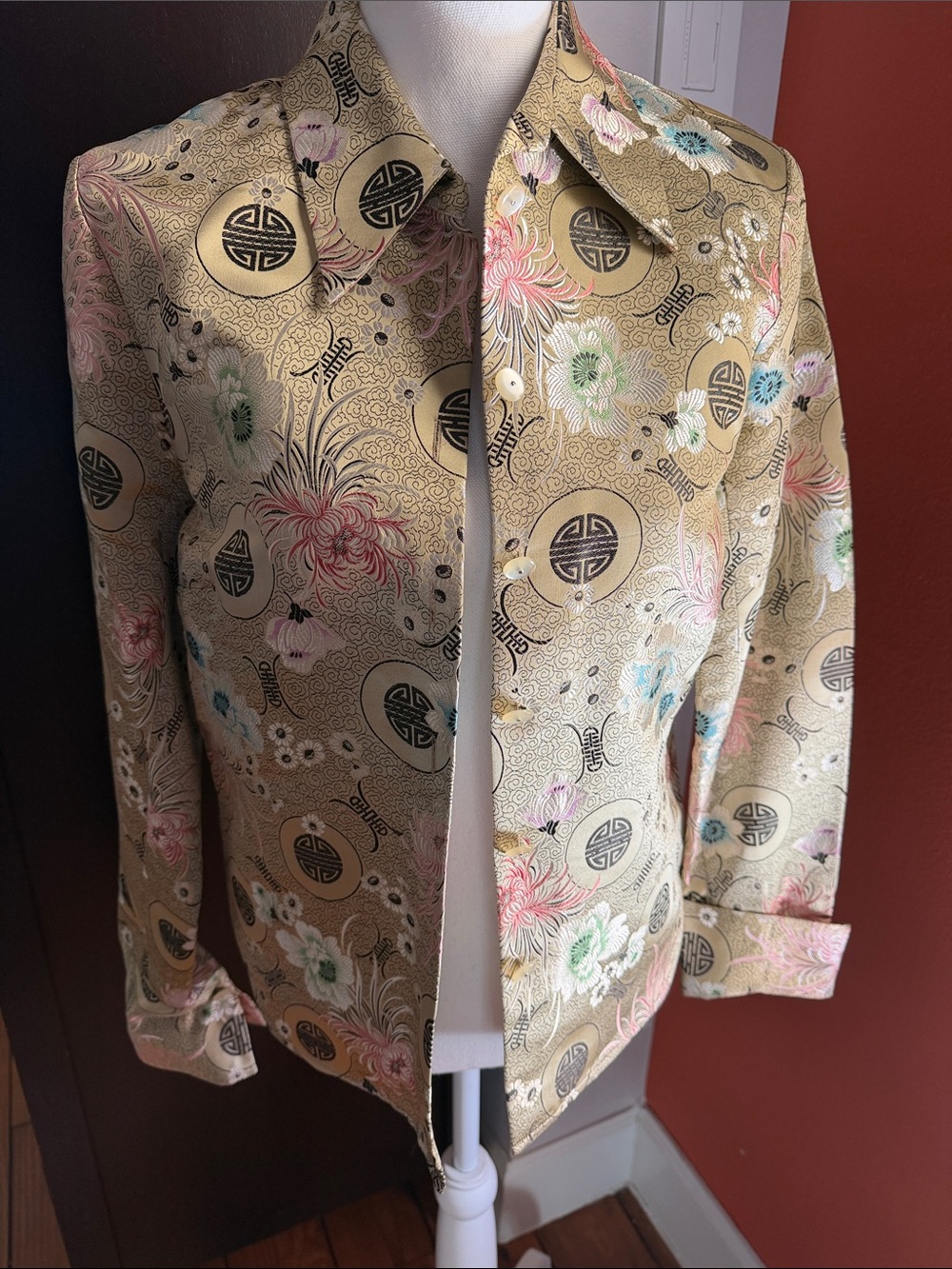 Gold Floral Brocade Women’s Button-Up Jacket and Trousers.